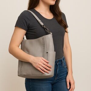 ✨ Gray Studded Shoulder Bag Tote Crossbody | Faux Leather Hobo